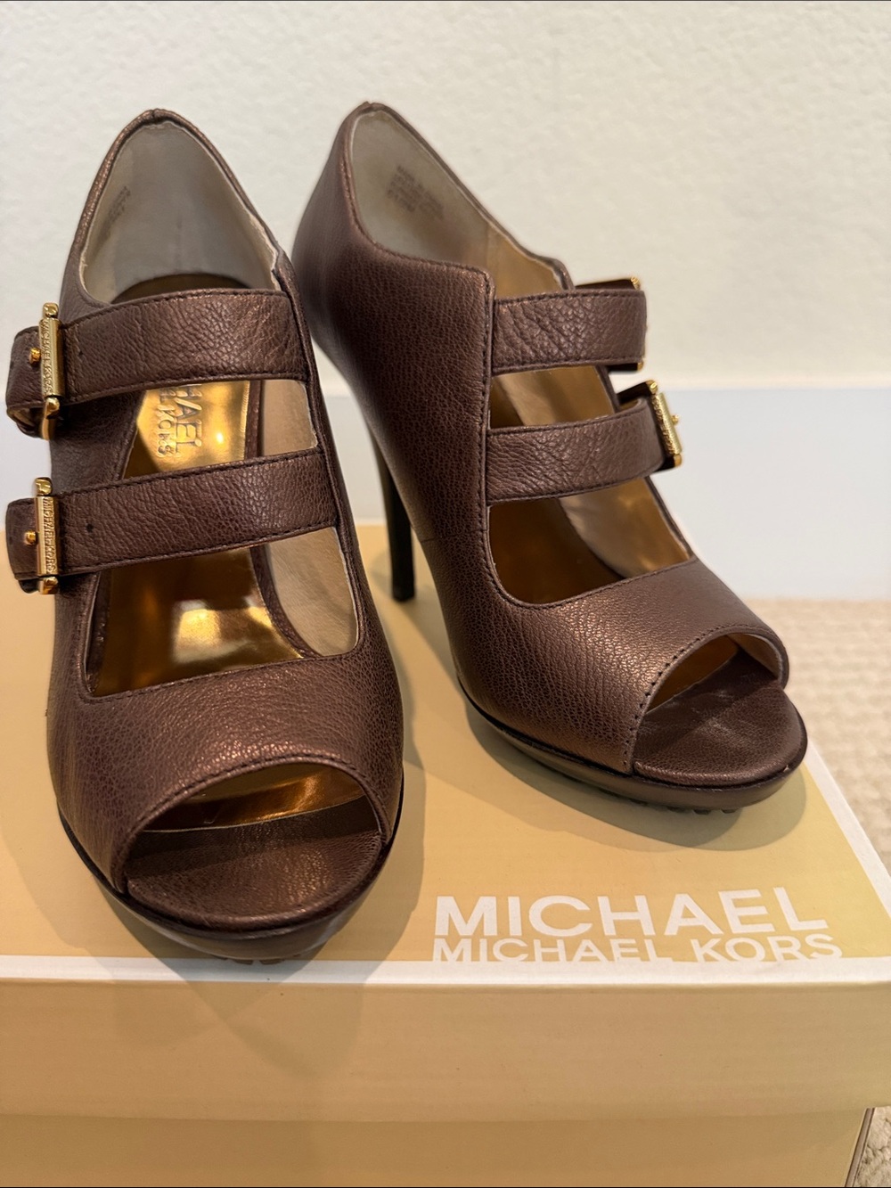 Michael Kors Dark Brown Double Strap Peep-Toe Heels